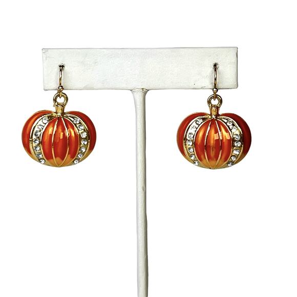 Pumpkin Earrings Orange Enamel Clear Rhinestones Gold Tone Hook Pierced Festive - Picture 5 of 7